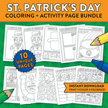 Load image into Gallery viewer, St. Patrick's Day coloring pages, St Pats Day coloring pages, leprechaun coloring pages, St Pats kids coloring, St Pats printable